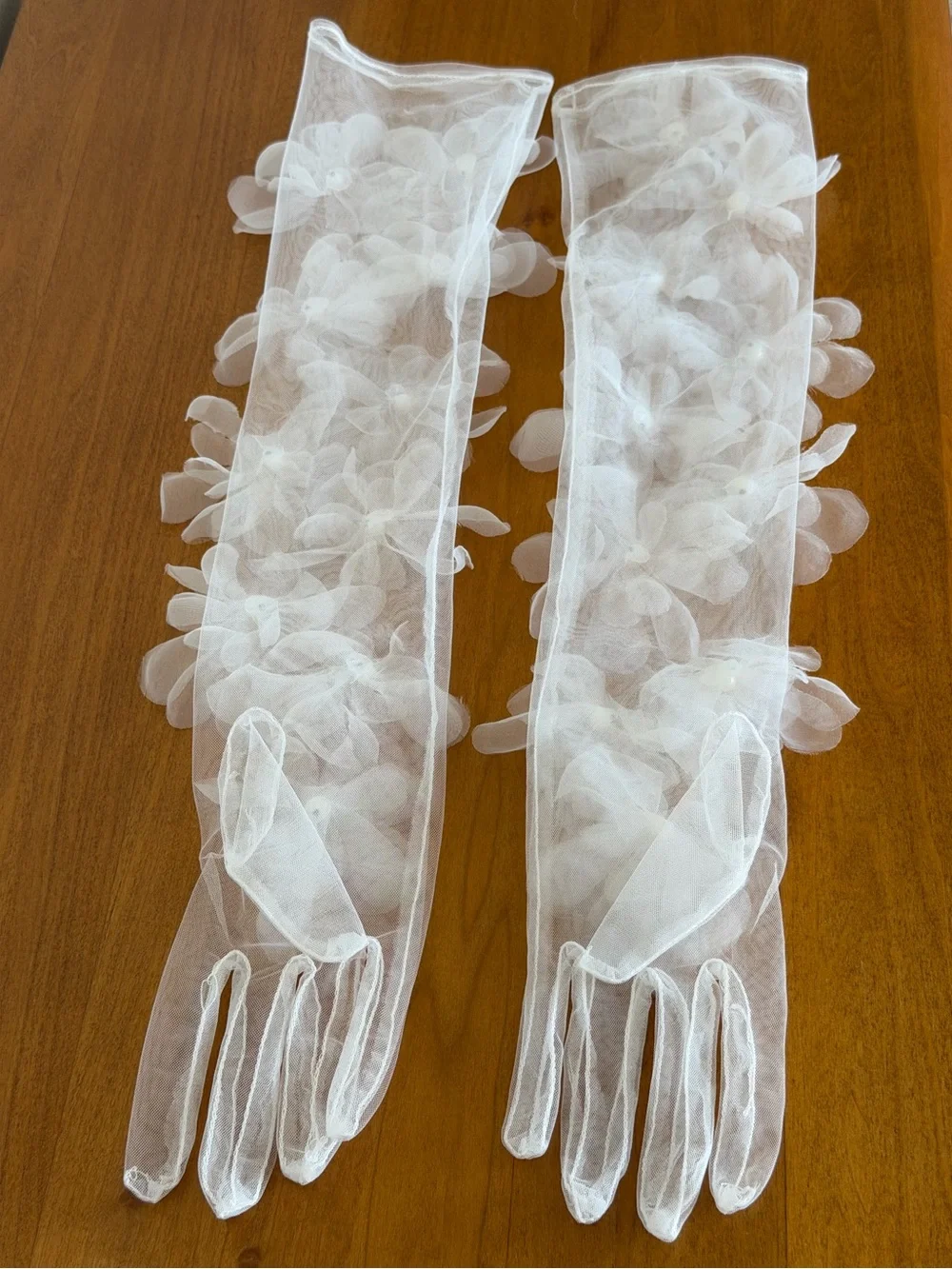 Sheer White Floral Mesh Gloves with Faux Pearl Accents